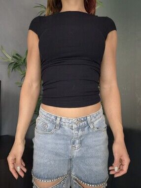 Wild Fable Black Ribbed Ruched Side Tee - XXS